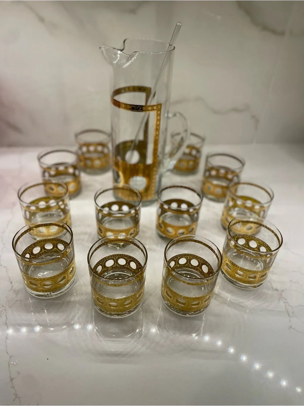 Vintage Culver Antigua Martini Pitcher and Glasses Antique Gold Crackle 13 Piece
